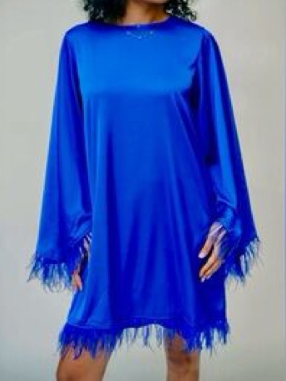 Marie by Victoria Dunn Royal Blue Satin Feather Fringe Shift Dress
